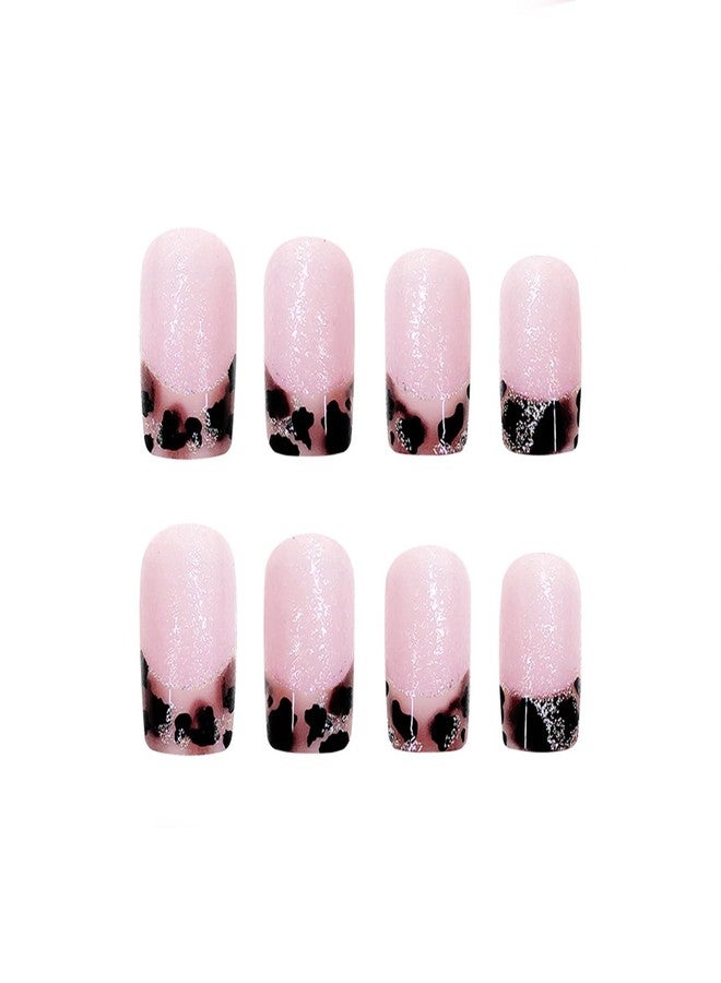 SINHOT Square Press on Nails Short Fake Nails Glossy Glue on Nails Leopard Print Acrylic Nails Bling Glitter Squoval Artificial Nails French Tip Stick on False Nails with Design 24 pcs - Image 2